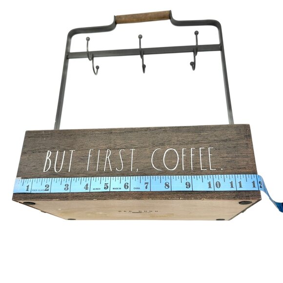 Rae Dunn BUT FIRST COFFEE Wooden Coffee Station Organizer Metal Handle Hooks - Picture 10 of 12